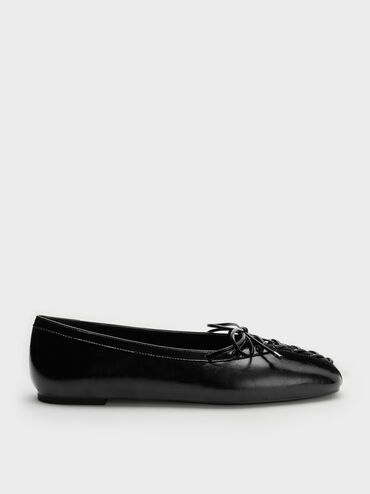 Lace-Up Bow Ballet Flats, Black, hi-res
