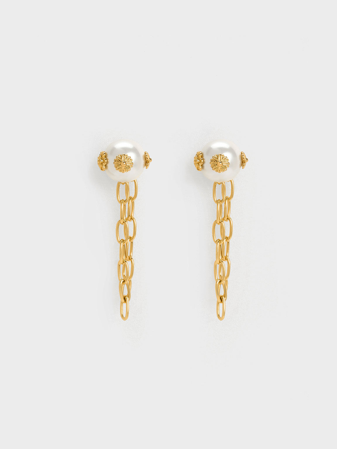 Flower-Embellished Pearl Drop Earrings, Gold, hi-res