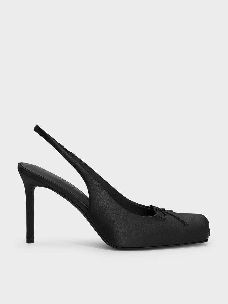 Satin Ruched Stiletto Slingback Pumps, Black Textured, hi-res