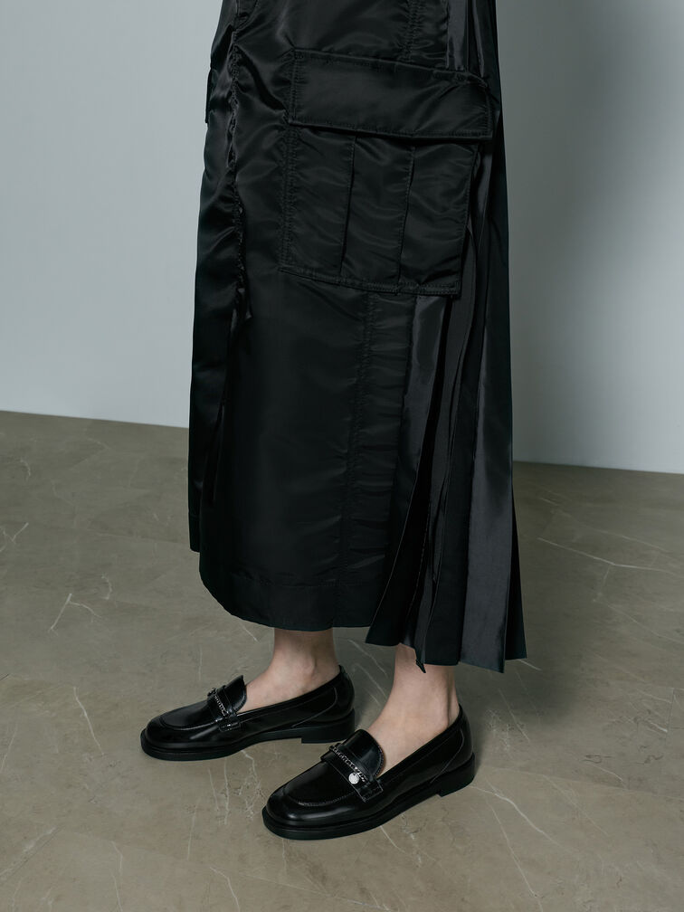 Braided-Chain Metallic-Accent Loafers, Black Boxed, hi-res