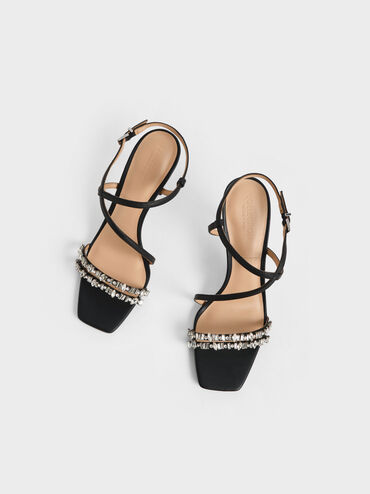 Giày sandals cao gót đính đá Leather Gem-Embellished, Đen, hi-res