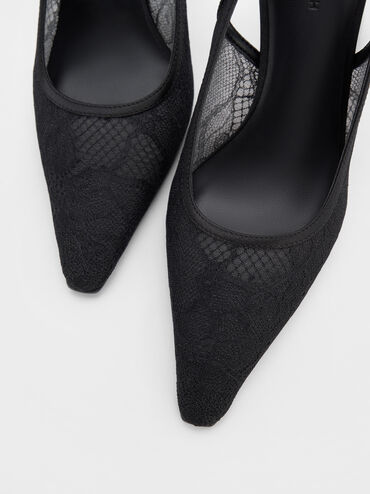 Lace & Satin Slingback Pumps, Black Textured, hi-res