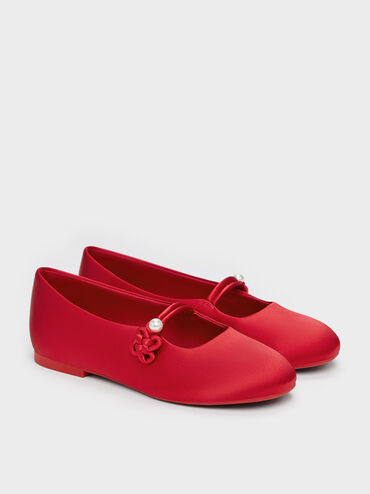 Girls' Orinda Knot-Pearl Mary Jane Flats, Red, hi-res