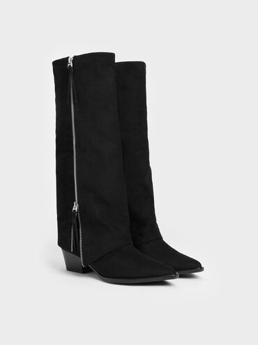 Aether Faux Suede Tassel-Zip Knee-High Boots, Black Textured, hi-res