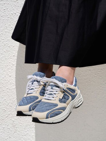 Gi&agrave;y sneakers cổ thấp Denim Quilted Lace-Up Chunky, Xanh denim, hi-res