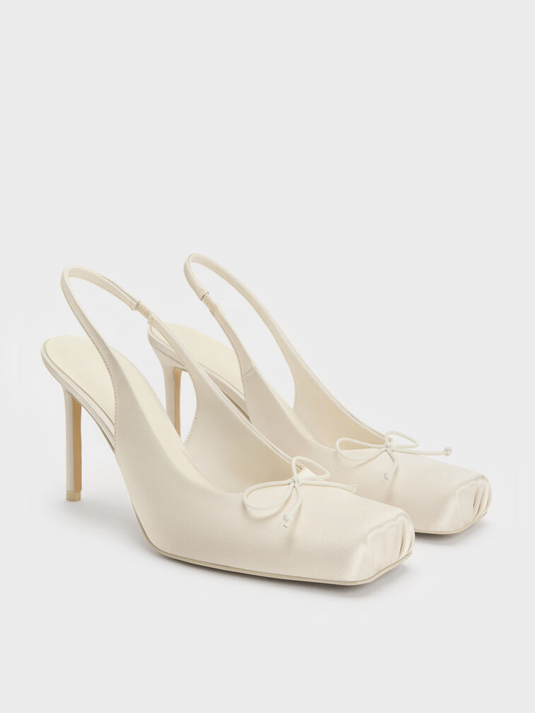 Satin Ruched Stiletto Slingback Pumps, Chalk, hi-res