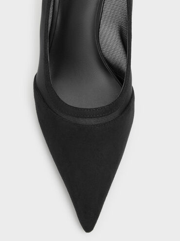 Faux Suede & Mesh Pointed Pumps, Black Textured, hi-res