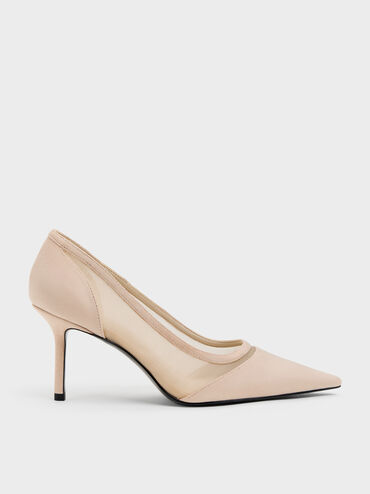 Faux Suede & Mesh Pointed Pumps, Beige, hi-res