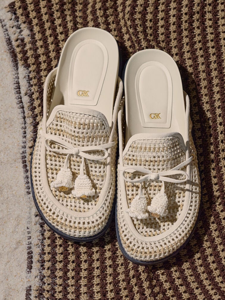 Crochet & Suede Flower Mules, Chalk, hi-res
