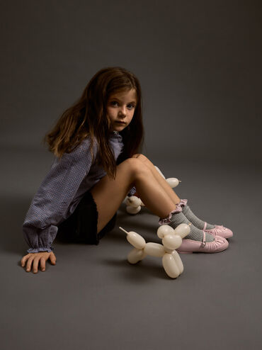 Girls' Satin Bow Mary Jane Flats, Pink, hi-res
