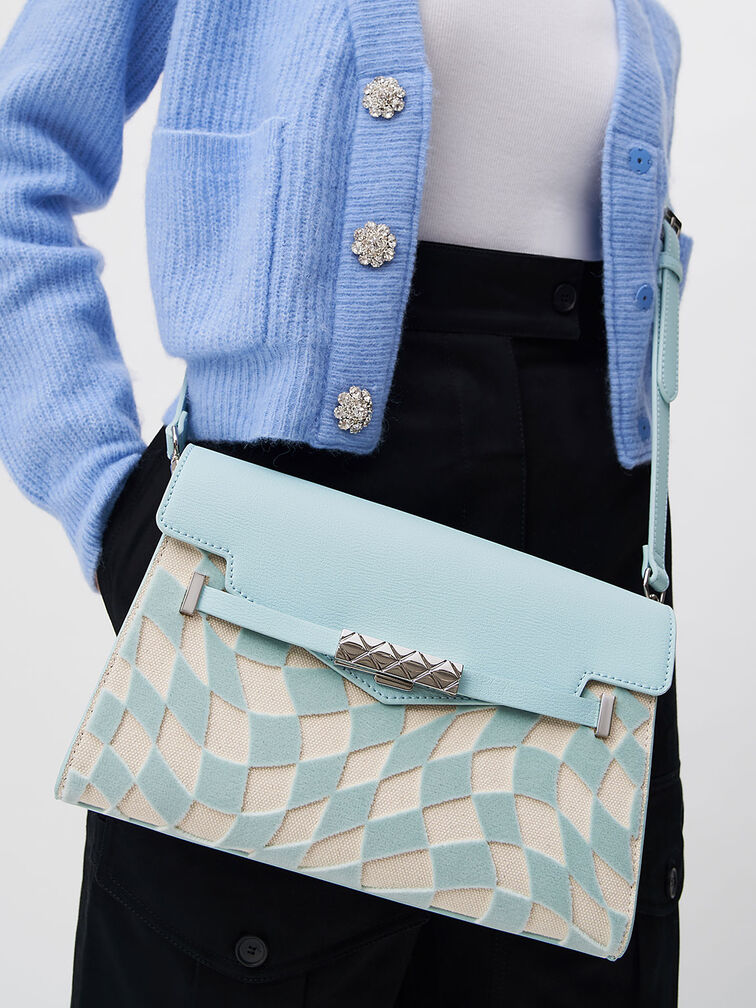 Sabrina Checkered Envelope Shoulder Bag, Light Blue, hi-res