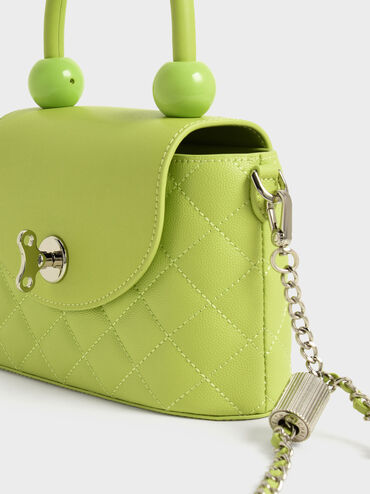 Round Quilted Top Handle Bag, Lime, hi-res
