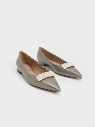 Leather Pointed-Toe Beaded Ballerinas, Pewter, hi-res