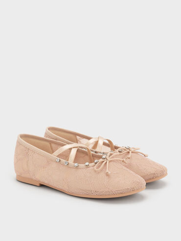 Giày búp bê mũi tròn Lace Crystal, Nude, hi-res