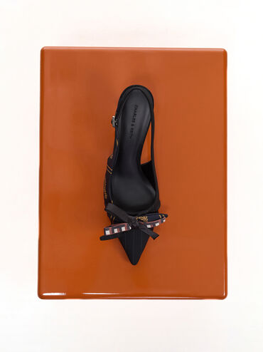 Satin Printed-Bow Pointed Slingback Pumps, Black Textured, hi-res
