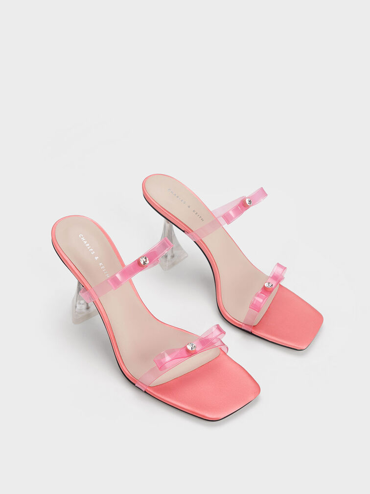 Giày sandals cao gót Embellished Bow See-Through, Hồng, hi-res