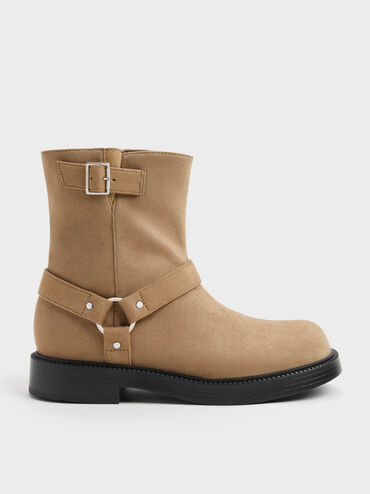 Girls' Faux Suede Buckled Ankle Boots, Sand, hi-res