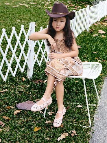 Girls' Floral Cut-Out Mary Jane Flats, Light Pink, hi-res