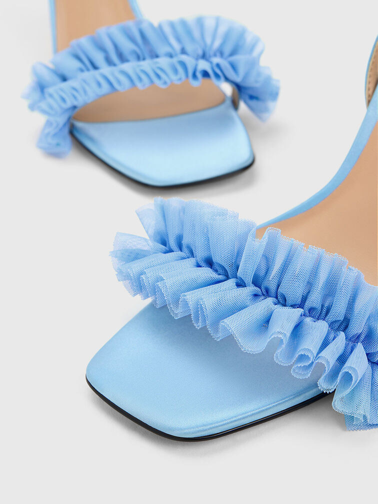 Giày sandals cao gót Recycled Polyester Ruffled Mesh, Xanh blue, hi-res