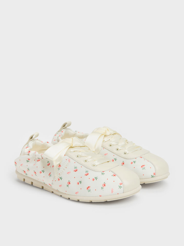 Girls' Satin Printed Sneakers, Chalk, hi-res