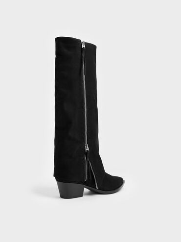 Aether Faux Suede Tassel-Zip Knee-High Boots, Black Textured, hi-res