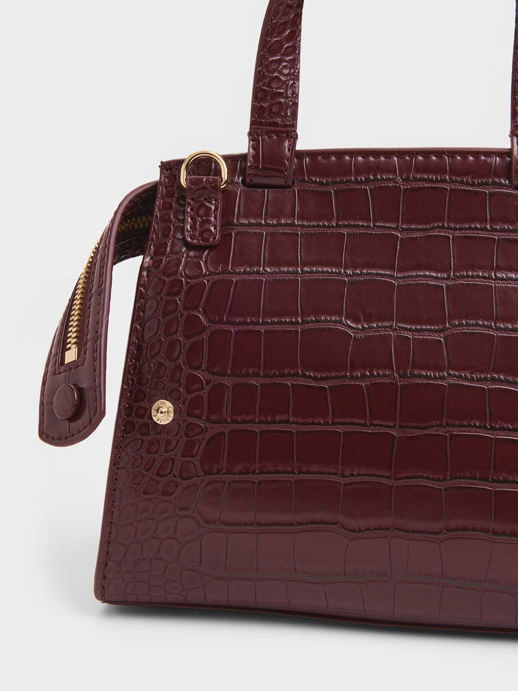 Pansy Trapeze Croc-Effect Top Handle Bag, Wineberry Red, hi-res