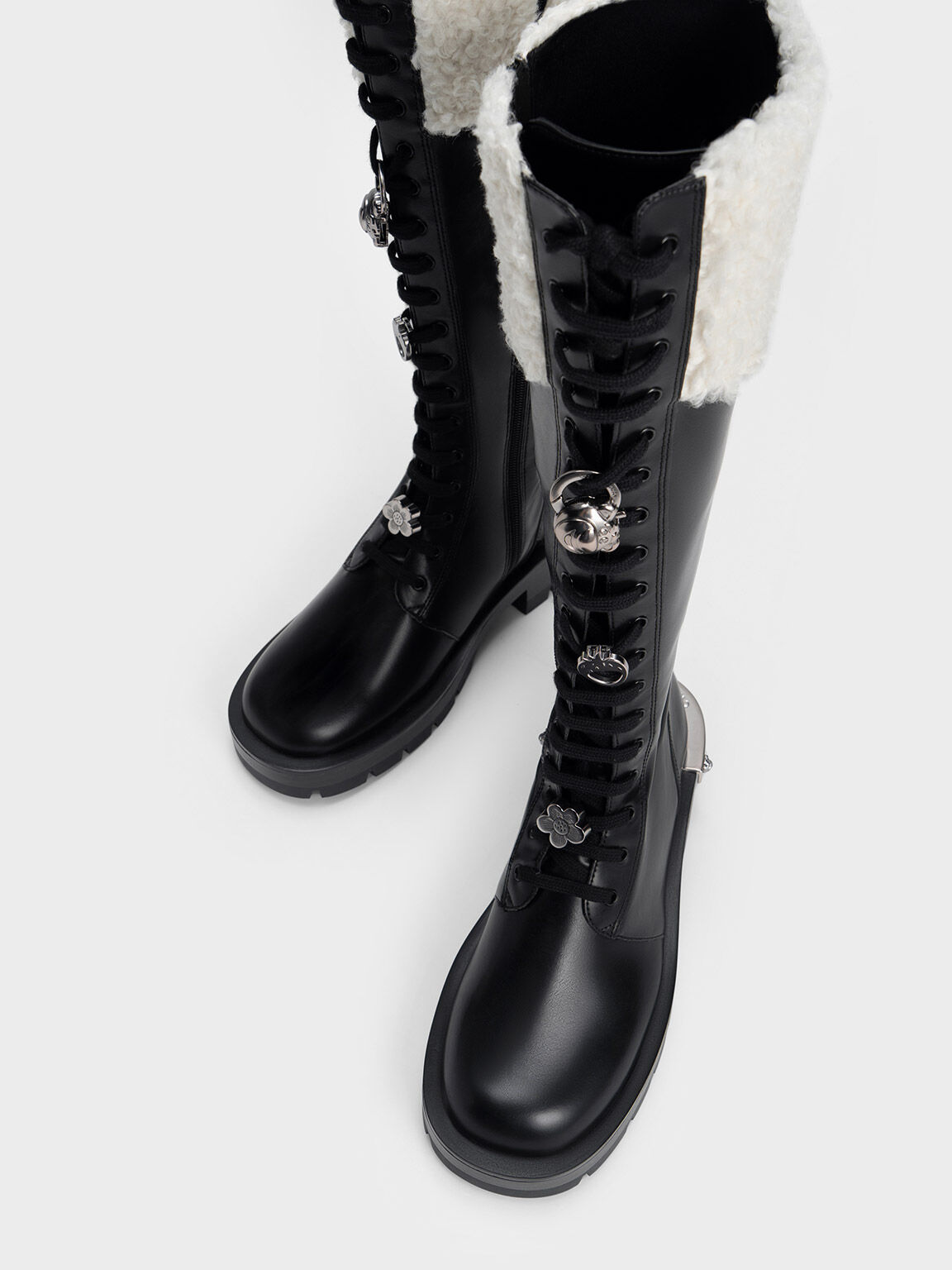 Lotso Furry Knee-High Combat Boots, Black, hi-res