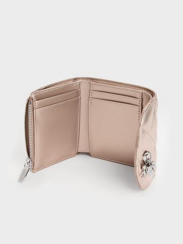 Arrietty Metallic Quilted Curved-Flap Wallet, Rose Gold, hi-res