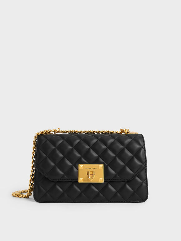 Quilted Chain Handle Bag, Black, hi-res