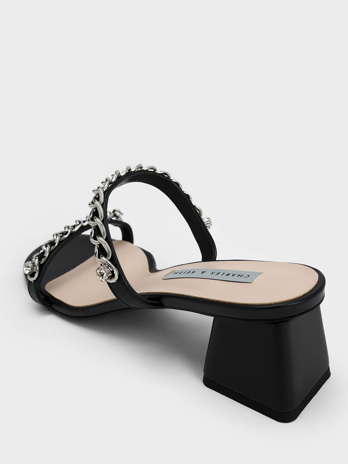 Giày sandals cao gót Chain-Link Block Heel, Đen, hi-res