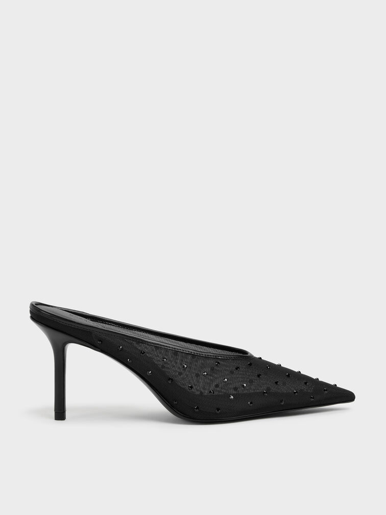 Gi&agrave;y mules cao g&oacute;t mũi nhọn đ&iacute;nh pha l&ecirc;, Đen họa tiết, hi-res
