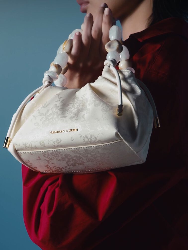 Aviary Jacquard Beaded-Handle Bag, Cream, hi-res