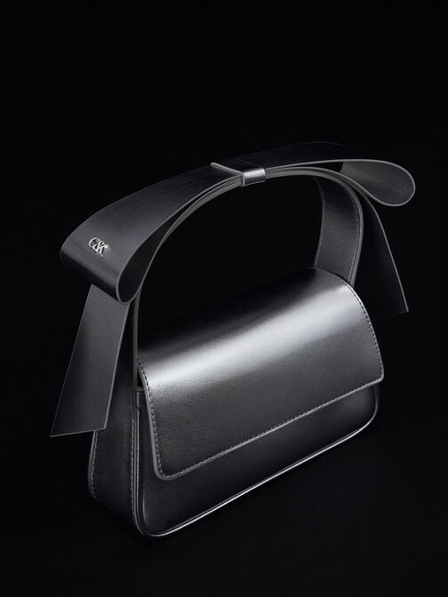 Túi xách hình thang Leather Metallic Bow, Bạc, hi-res