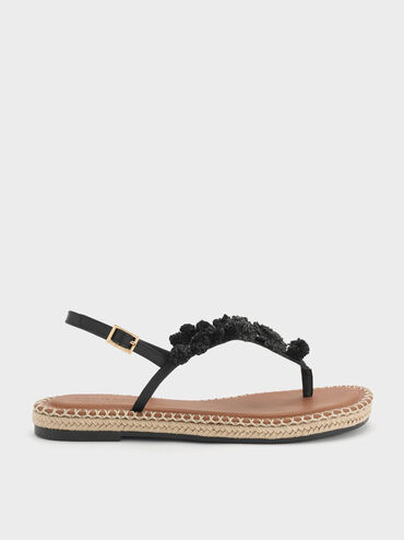 Gi&agrave;y sandals đế bệt Flower, Đen, hi-res