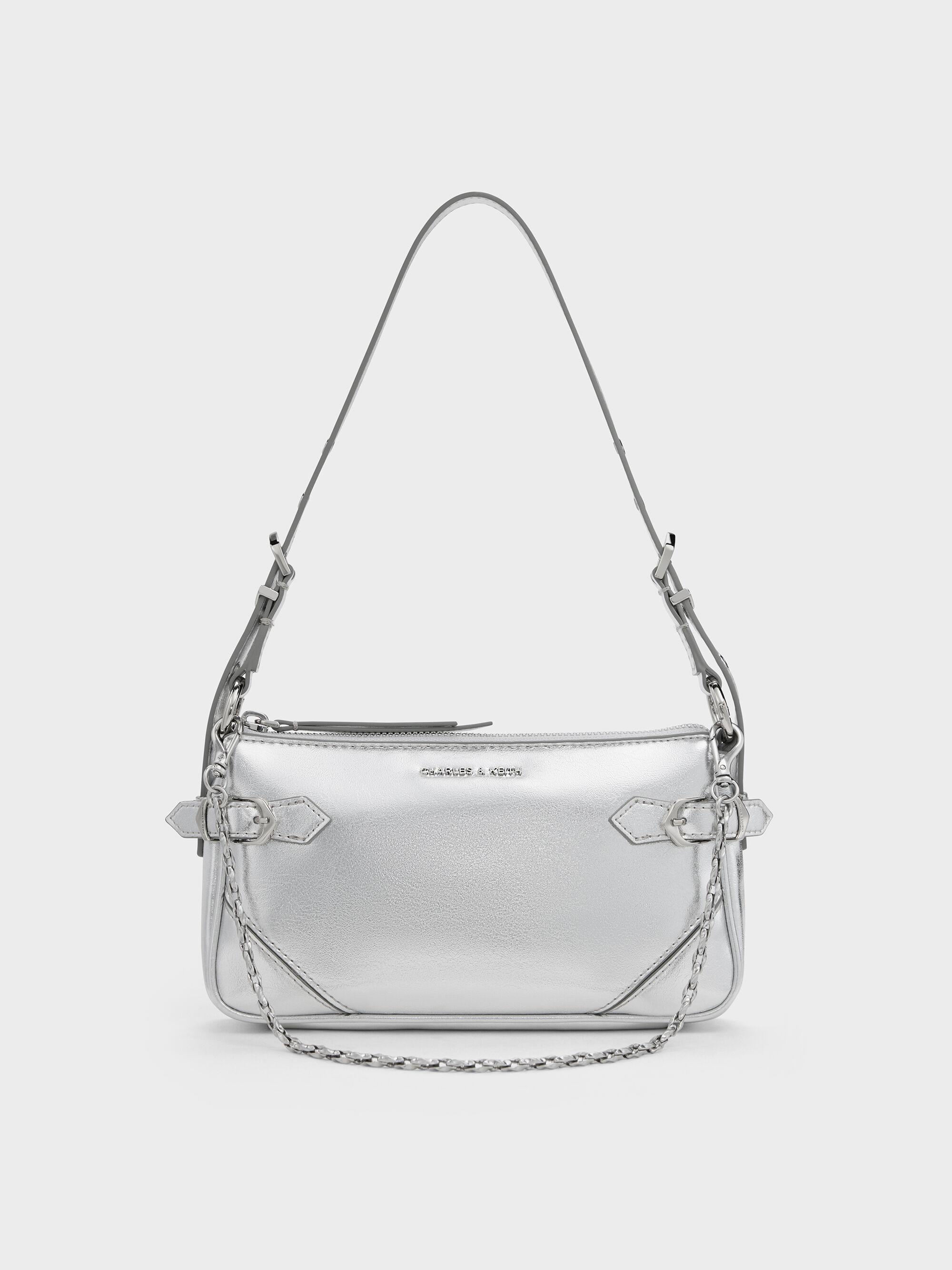 Silver Antonella Metallic Chain-Strap Side-Buckle Crossbody Bag