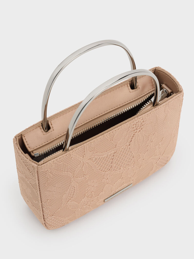 Jennis Lace & Satin Top Handle Bag, Nude Textured, hi-res
