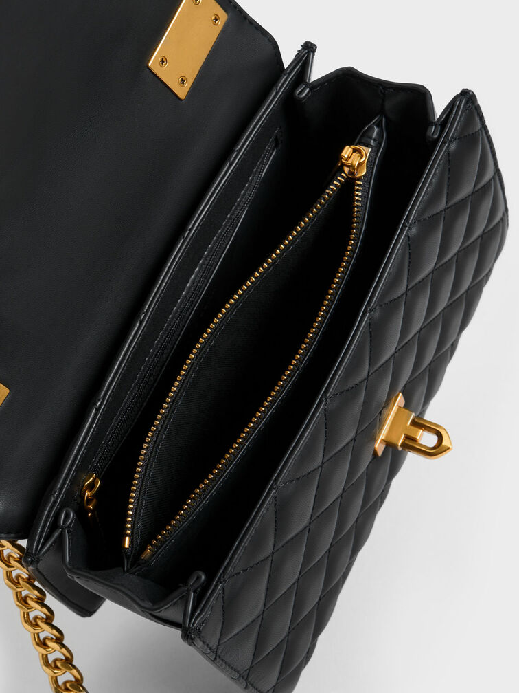 Quilted Chain Handle Bag, Black, hi-res