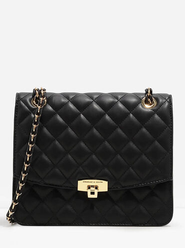Quilted Push-Lock Clutch, Black, hi-res