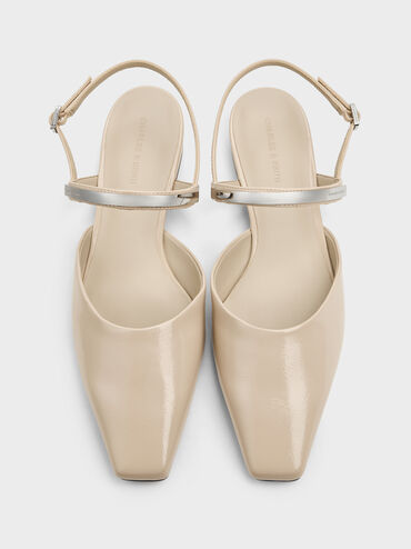 Patent Metallic-Accent Square-Toe Slingback Flats, Beige, hi-res