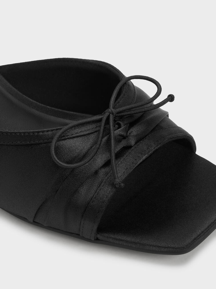 Gi&agrave;y mules cao g&oacute;t Satin Ruched Bow, Đen họa tiết, hi-res