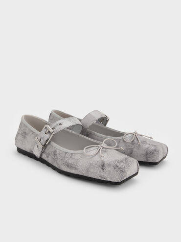 Giày búp bê mũi vuông Myler Crinkle-Effect, Xám nhạt, hi-res