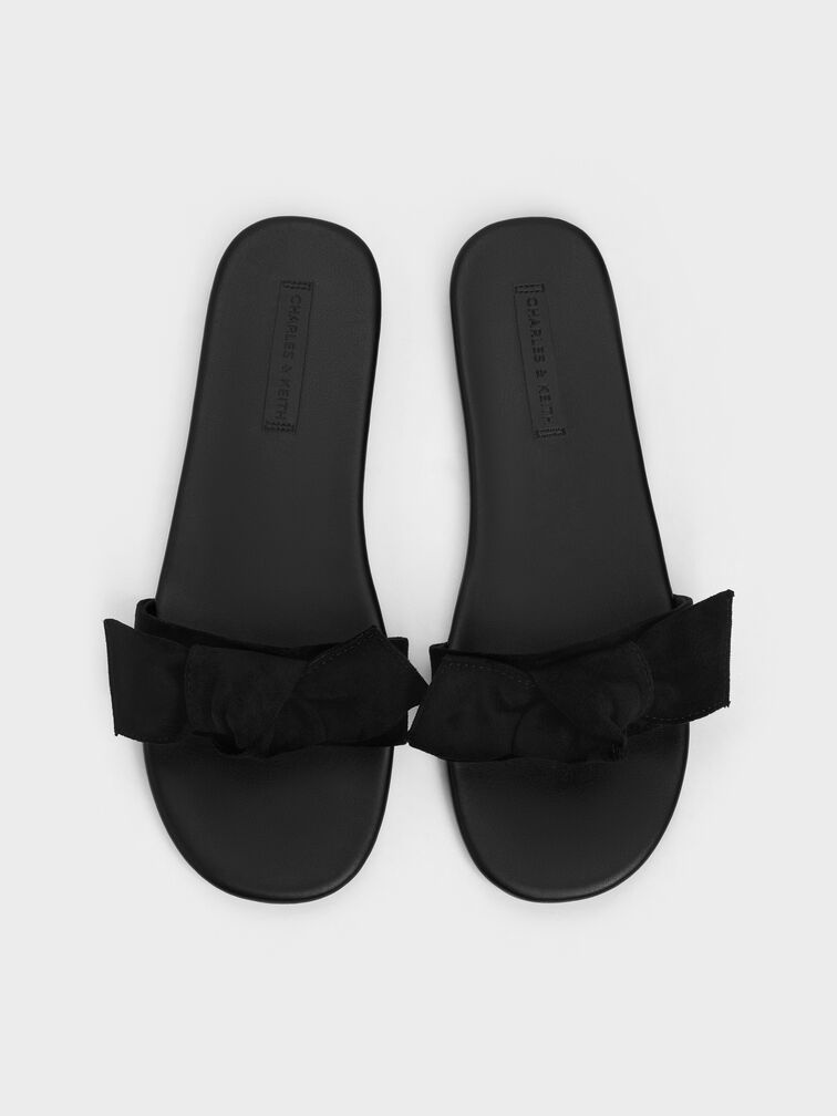 Anika Faux Suede Knot-Bow Slides, Black Textured, hi-res