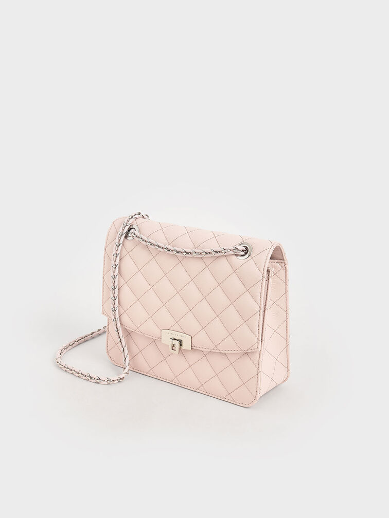 Quilted Chain Strap Clutch, Light Pink, hi-res