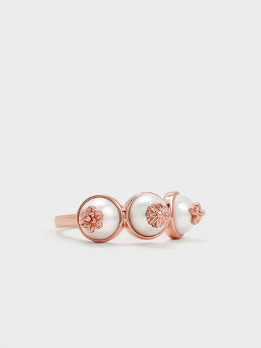 Flower-Embellished Triple Pearl Ring, Rose Gold, hi-res