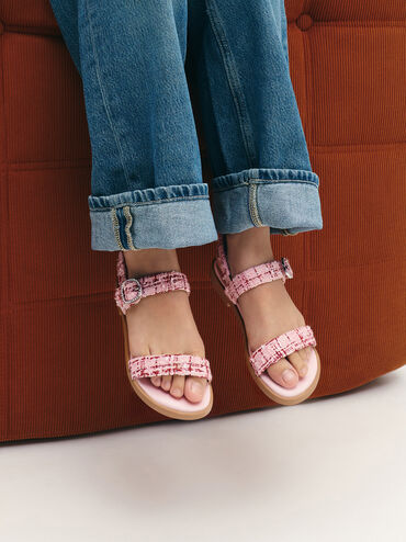 Girls' Tweed Crystal-Buckle Double-Strap Slingback Sandals, Pink, hi-res