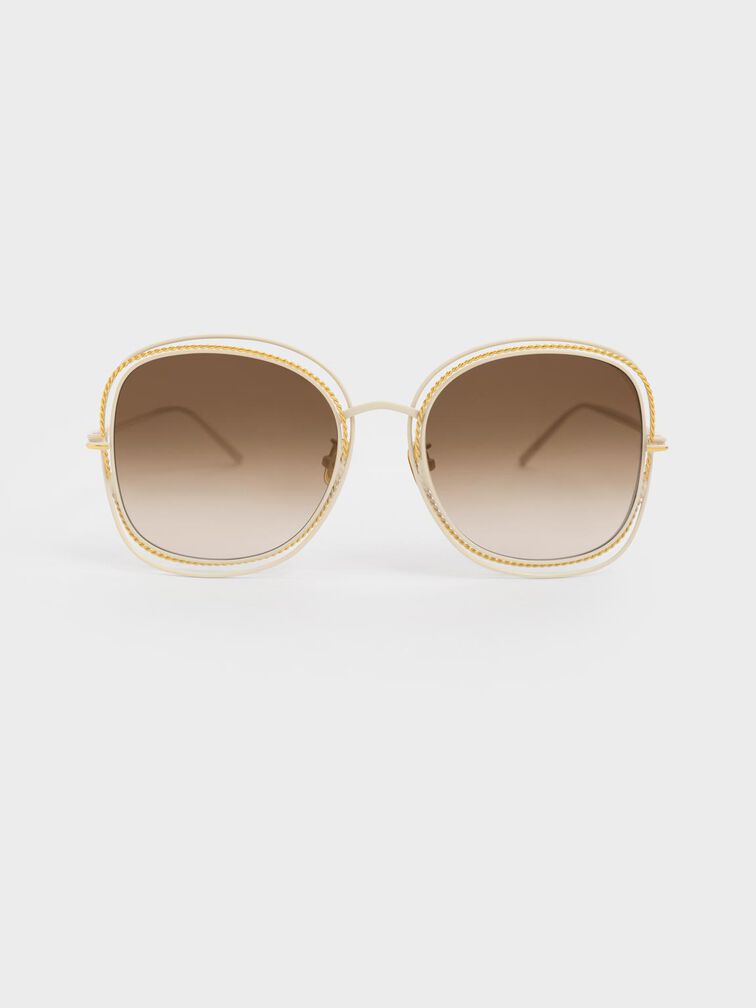 Cut-Out Frame Metallic-Rimmed Butterfly Sunglasses, Cream, hi-res
