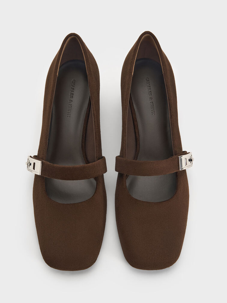 Lando Faux Suede Metallic-Buckle Mary Jane Pumps, Dark Brown Textured, hi-res