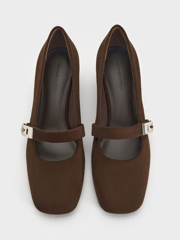 Lando Faux Suede Mary Jane Pumps, Dark Brown Textured, hi-res