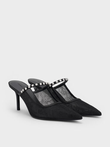 Lace & Satin Crystal Heeled Mules, Black Textured, hi-res