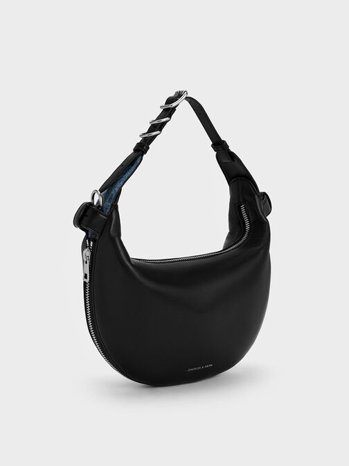 Túi đeo vai hình bán nguyệt Saskia Crescent, Noir, hi-res